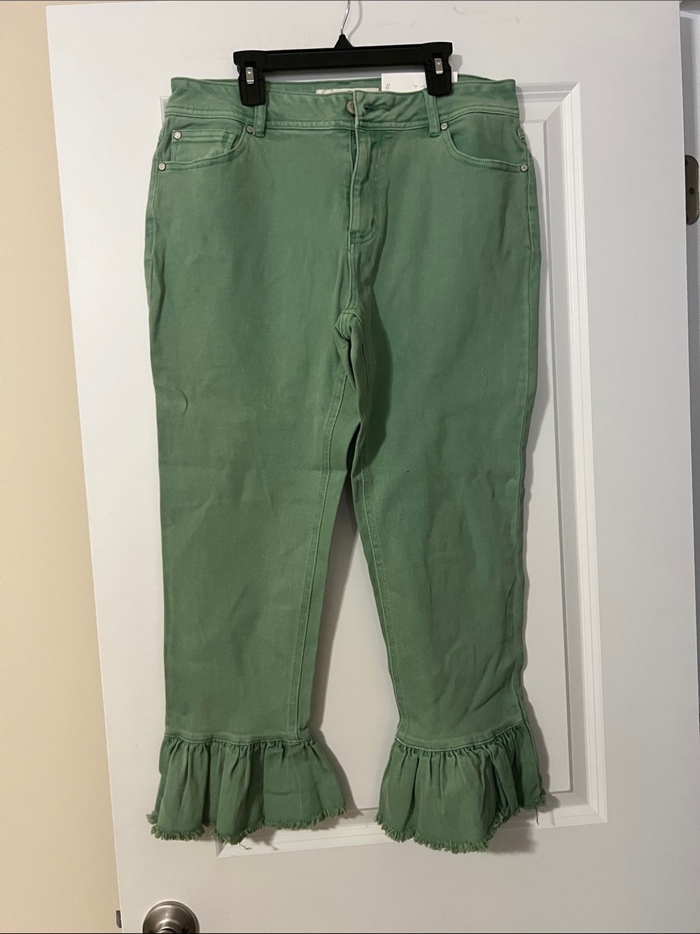 Denim&Co Green Cropped Ruffle Hem Jeans